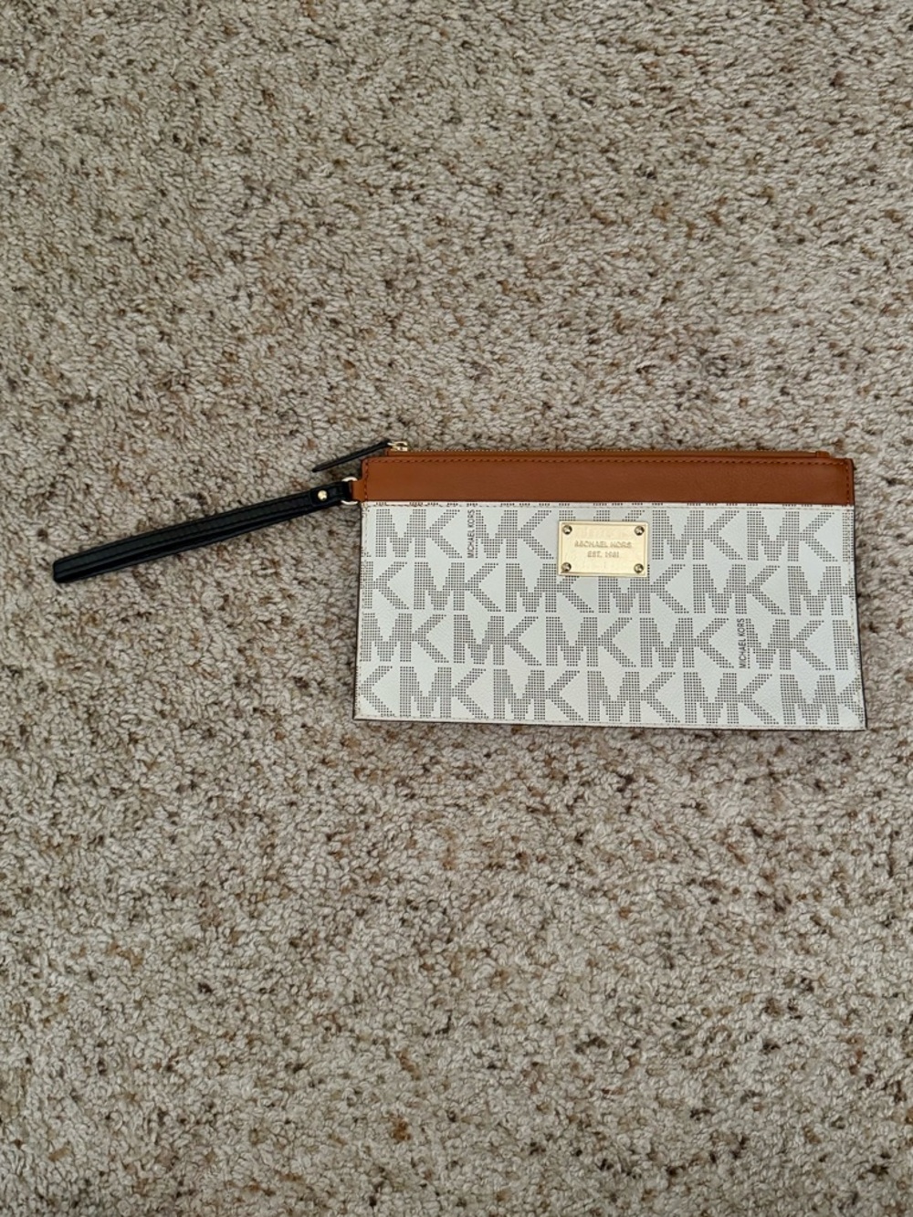 Michael Kors Cream MK Logo Wristlet with Brown Trim and Black Strap